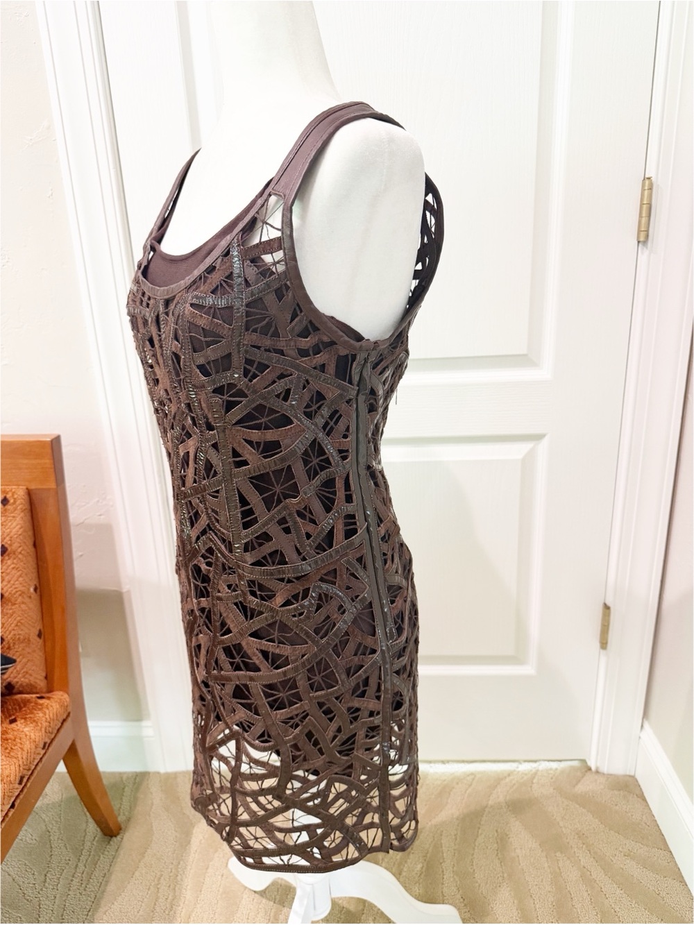 NWT Catherine Malandrino Sleeveless Brown Leather Dress with Cutouts - Picture 3 of 6